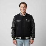 Black Wool Body and Cowhide Leather Sleeve Varsity Jacket