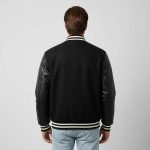 Black Wool Body and Cowhide Leather Sleeve Varsity Jacket - Image 2