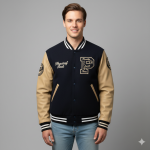 Navy and Tan Cotton Varsity Jacket